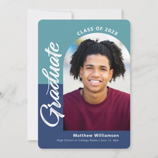 Blauw Afstuderen 4 Foto Bold Arch Script Modern Aankondiging (Voorkant)