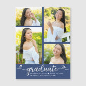 Blauw Afstuderen 4 Fotoscript Hearts Modern Girly Magnetische Uitnodiging (Voorkant)