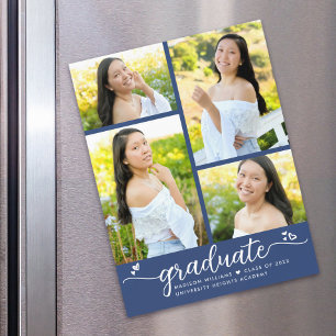 Blauw Afstuderen 4 Fotoscript Hearts Modern Girly Magnetische Uitnodiging