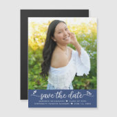 Blauw Afstuderen Foto Opslaan Datum Script Harten  Magnetische Uitnodiging (Voorkant / Achterkant)