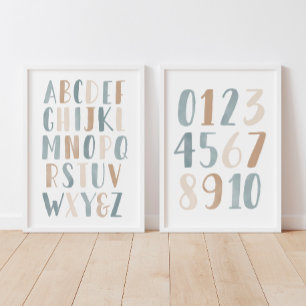 Blauw alfabet en cijfers Educatief klaslokaal Muurkunst Sets