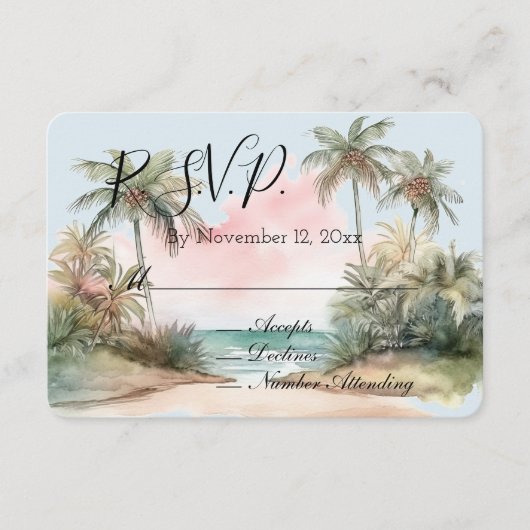 Blauw Aloha Beach Ocean Palm Trees Tropical RSVP Informatiekaartje (Voorkant)
