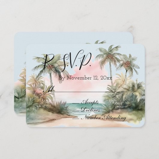 Blauw Aloha Beach Ocean Palm Trees Tropical RSVP Informatiekaartje (Voorkant / Achterkant)