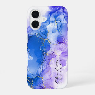 Blauw Amethist Goud Alcoholinkt Aanpasbaar iPhone 16 Hoesje