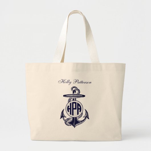 Blauw Anchor Silver White Navy Circle Monogram 33 Grote Tote Bag (Voorkant)
