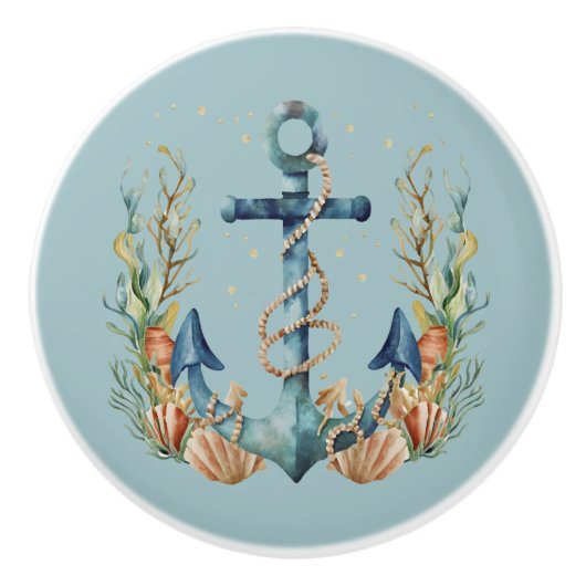 Blauw anker en schelpen op Turnquoise Keramische Knop (Voorkant)