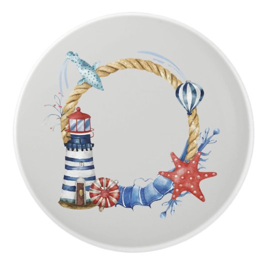 Blauw anker en schelpen op turquoise keramische knop (Voorkant)