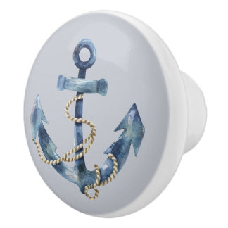 Blauw anker en touw op grijs keramische knop