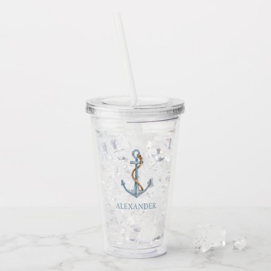blauw anker met touw gepersonaliseerd acryl drinkbeker (Voorkant ijs)