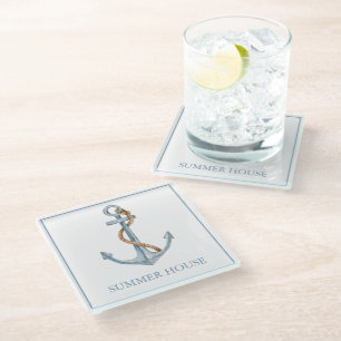  blauw anker met touw gepersonaliseerd glazen onderzetter