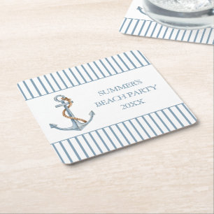  blauw anker met touw gepersonaliseerd vierkante kartonnen onderzetter