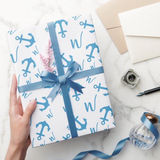 Blauw Anker & Monogram Cadeaupapier (Geschenken)