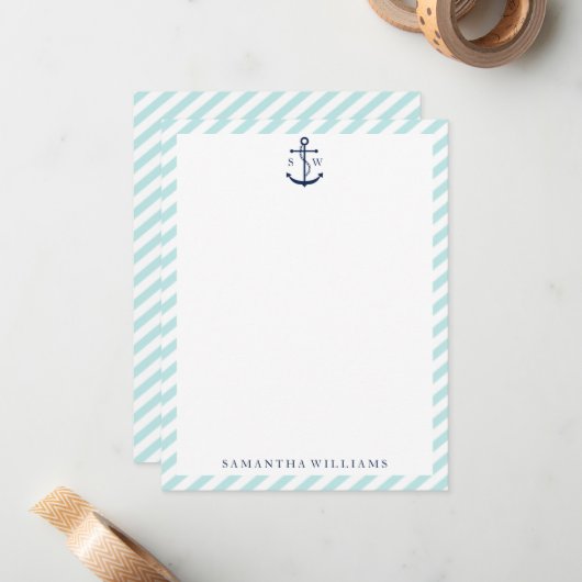 Blauw anker op mint Stripes Notitiekaartje (Voorkant / Achterkant in situ)
