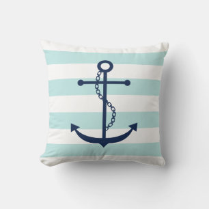 Blauw Anker op Mint Stripes Patroon Kussen