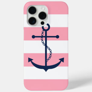 Blauw anker op roze strips patroon iPhone 15 pro max hoesje