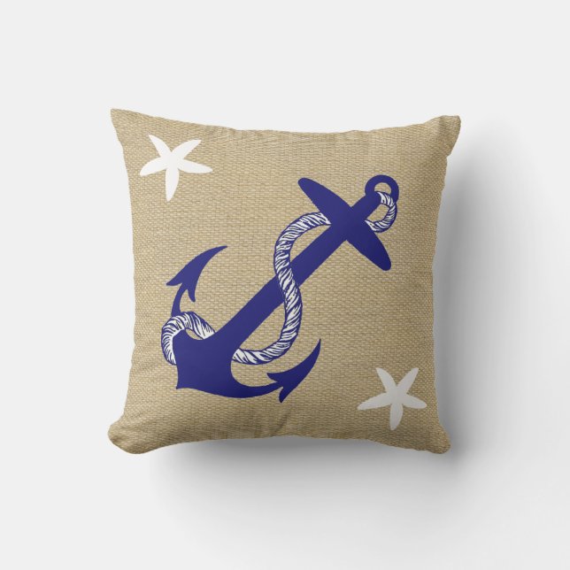 Blauw Anker & White Starfish Nautical "Burlap" Buitenkussen (Voorkant)
