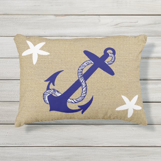 Blauw Anker & White Starfish Nautical "Burlap" Buitenkussen (Voorkant)
