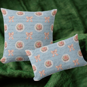 Blauw Antiek belettering Toile Bows Pink Roses Kussen