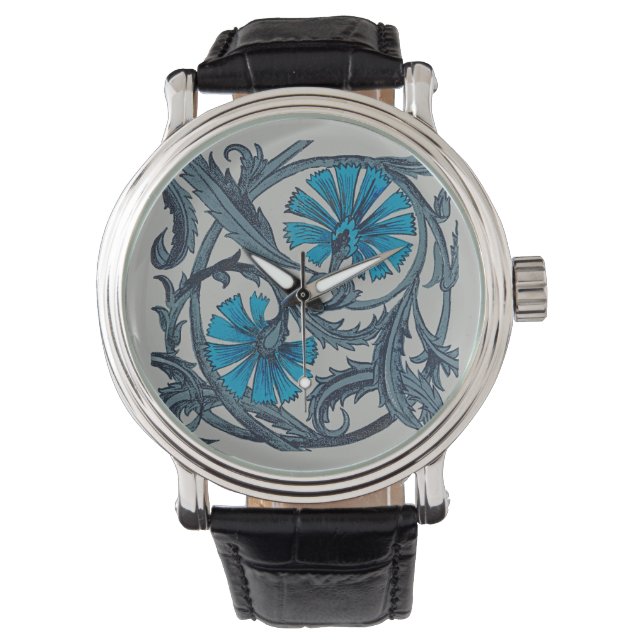  blauw antiek bloemenkunst ambachten rustiek horloge (Voorkant)