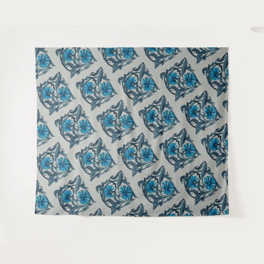 blauw antiek bloemenkunst ambachten rustiek wandkleed (Voorkant (horizontaal))