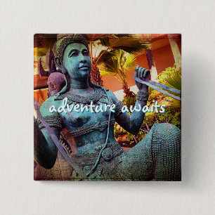 Blauw Antiek Warrior Statue Adventure wacht op off Vierkante Button 5,1 Cm