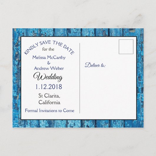 Blauw Antiek Weathered door bruiloft Bewaar datum Aankondigingskaart (Achterkant)