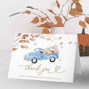 Blauw antieke vrachtwagen herfst babyshower bedank bedankkaart