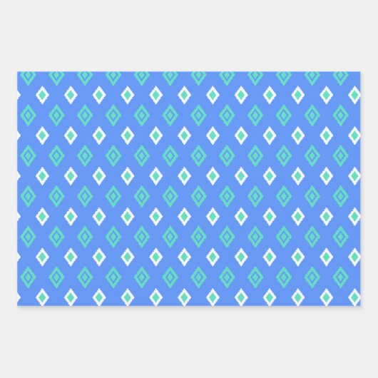 Blauw, Aqua en Mint Tribal Diamond Ikat Pattern Inpakpapier Vel (Voorkant 3)