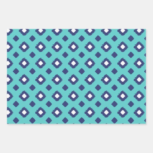 Blauw, Aqua en Mint Tribal Diamond Ikat Pattern Inpakpapier Vel (Voorkant)