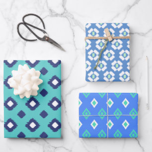 Blauw, Aqua en Mint Tribal Diamond Ikat Pattern Inpakpapier Vel