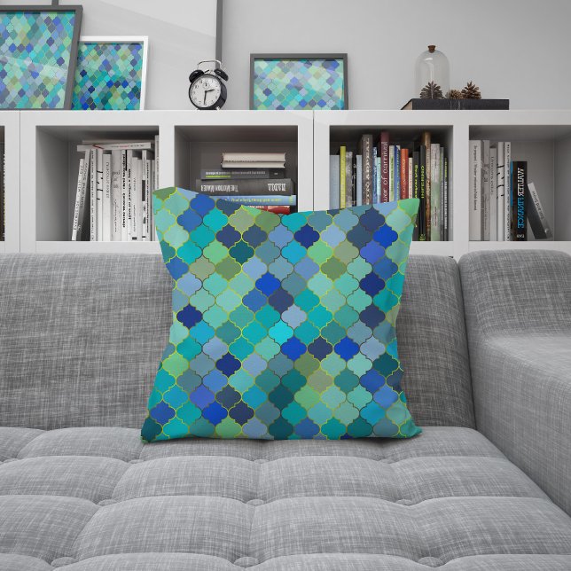 Blauw Aqua Marokkaans Mozaïekpatroon Kussen (Blue Aqua Moroccan Mosaic Pattern Throw Pillow by Looly Elzayat)