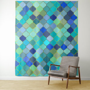 Blauw Aqua Marokkaans Mozaïekpatroon Wandkleed