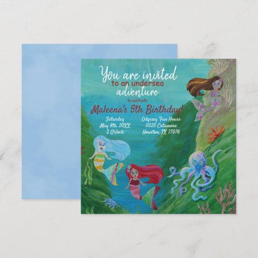 Blauw, Aqua Mermaids, Octopus Birthday Uitnodiging (Voorkant / Achterkant)