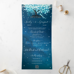 Blauw Aqua Turquoise Hart Blad Boom Trouw Drieluik Uitnodiging