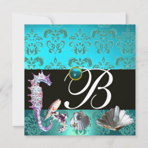 BLAUW AQUAMARINE DAMASK BEACH WEDDING MONOGRAM KAART