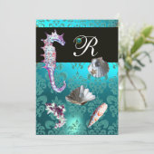 BLAUW AQUAMARINE DAMASK BEACH WEDDING MONOGRAM KAART (Staand voorkant)