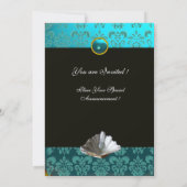 BLAUW AQUAMARINE DAMASK BEACH WEDDING MONOGRAM KAART (Achterkant)