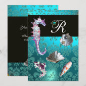 BLAUW AQUAMARINE DAMASK BEACH WEDDING MONOGRAM KAART (Voorkant / Achterkant)