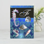 BLAUW AQUAMARINE DAMASK BEACH WEDDING MONOGRAM KAART (Staand voorkant)