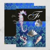 BLAUW AQUAMARINE DAMASK BEACH WEDDING MONOGRAM KAART (Voorkant / Achterkant)