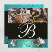 BLAUW AQUAMARINE DAMASK BEACH WEDDING MONOGRAM KAART (Voorkant / Achterkant)