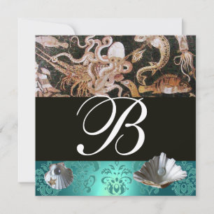 BLAUW AQUAMARINE DAMASK BEACH WEDDING MONOGRAM KAART