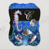 BLAUW AQUAMARINE DAMASK BEACH WEDDING MONOGRAM KAART (Voorkant / Achterkant)