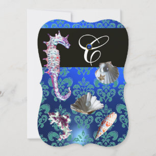 BLAUW AQUAMARINE DAMASK BEACH WEDDING MONOGRAM KAART