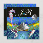 BLAUW AQUAMARINE DAMASK BEACH WEDDING MONOGRAM KAART (Voorkant / Achterkant)