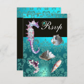 BLAUW AQUAMARINE DAMASK BEACH WEDDING RSVP (Voorkant / Achterkant)