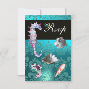 BLAUW AQUAMARINE DAMASK BEACH WEDDING RSVP KAARTJE