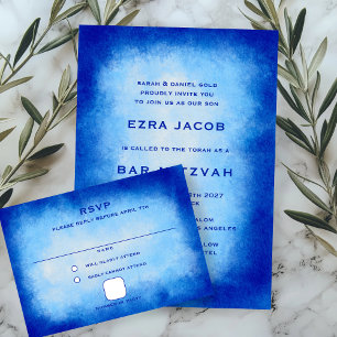 Blauw Aquarel Aangepaste Bar Mitswa RSVP Kaartje