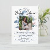 Blauw aquarel aangepaste fotobaby shower script kaart (Staand voorkant)