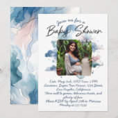 Blauw aquarel aangepaste fotobaby shower script kaart (Voorkant / Achterkant)